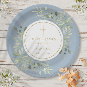 Assiettes En Carton Végétal aquarelle Baptême Christening Bleu