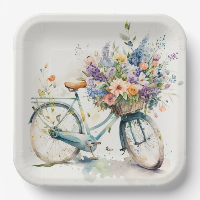 Assiettes En Carton Vélo Avec Panier À Fleurs (Recto)