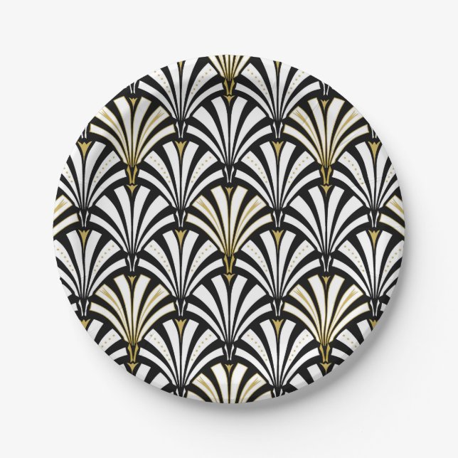 Assiettes En Carton Ventilateur Art déco motif - blanc et noir (Devant)