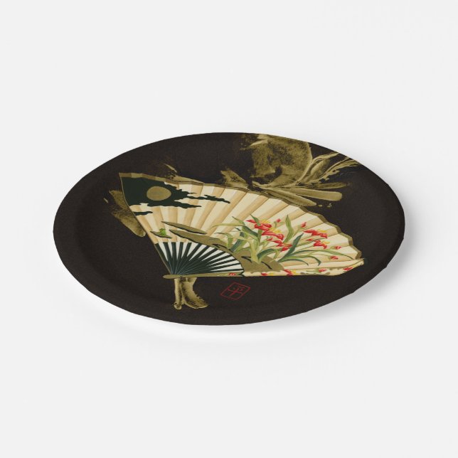 Assiettes En Carton Ventilateur oriental criblé au design floral (Angle)