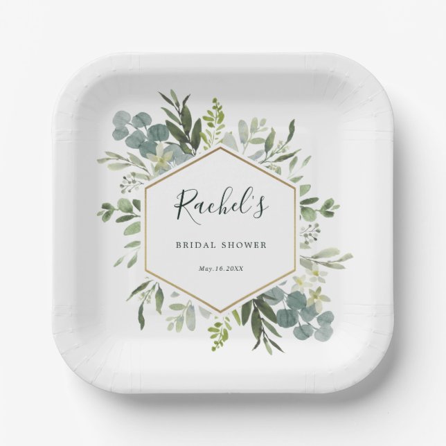 Assiettes En Carton Verdure Aquarelle Or Hexagon Fête des mariées (Recto)