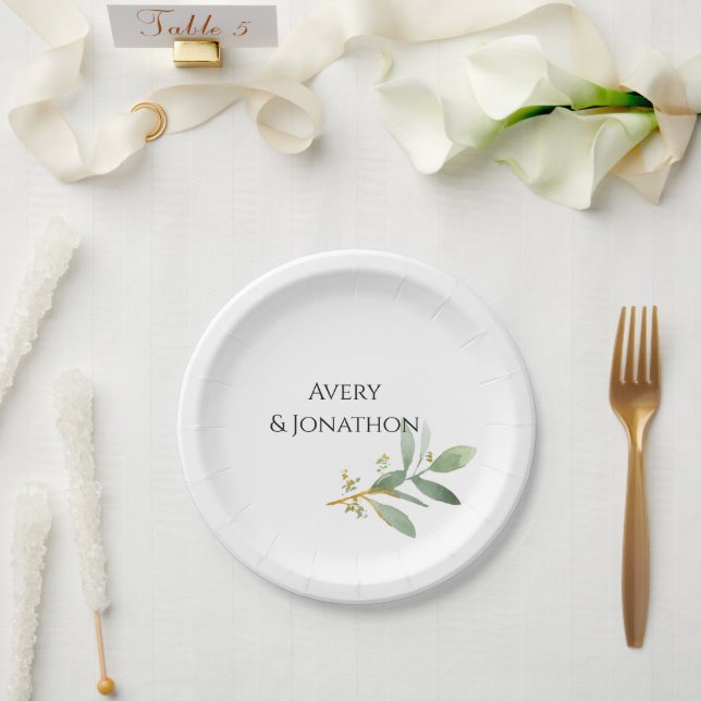 Assiettes En Carton Verdure aquarelle personnalisée et faux or (Mariage)