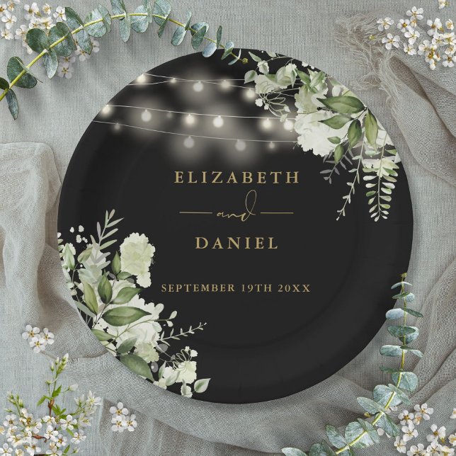 Assiettes En Carton Verdure Floral Lights Black Gold Mariage (Greenery Floral String Lights Black Gold Wedding Paper Plates)