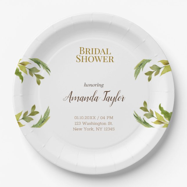 Assiettes En Carton Verdure florale Aquarelle Fête des mariées élégant (Devant)
