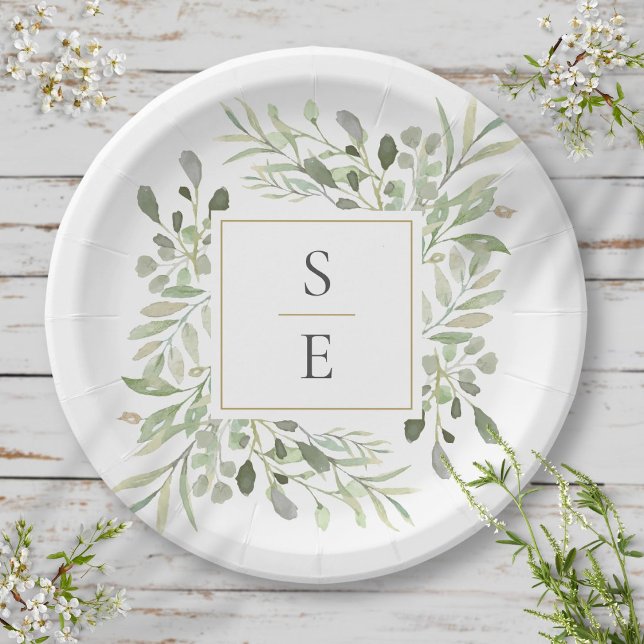 Assiettes En Carton Verdure Monogramme Initiales Mariage (Greenery Foliage Monogram Initials Wedding Paper Plates)