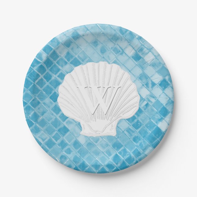 Assiettes En Carton Verre bleu de mer de monogramme de Shell de feston (Devant)