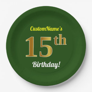 Assiettes En Carton Vert, anniversaire d'or de Faux 15ème + Nom fait