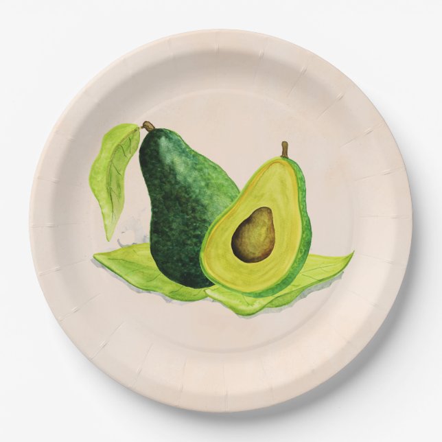 Assiettes En Carton Vert Avocado Fruit à vie morte en aquarelle (Devant)