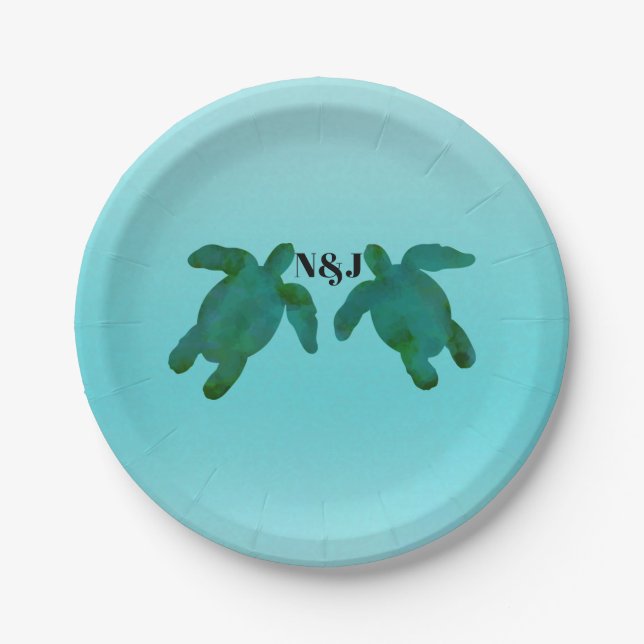 Assiettes En Carton Vert bleu Aquarelle 2 Ocean Sea Turtles Mariage (Devant)