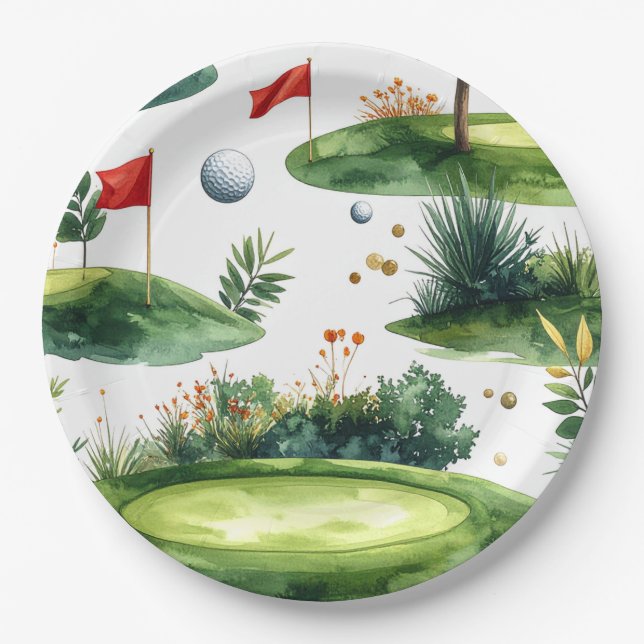 Assiettes En Carton Vert de putting de golf avec drapeau rouge (Devant)