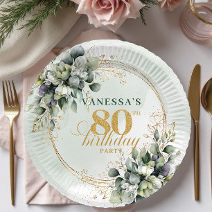 Assiettes En Carton Vert doré aquarelle botanique 80e anniversaire
