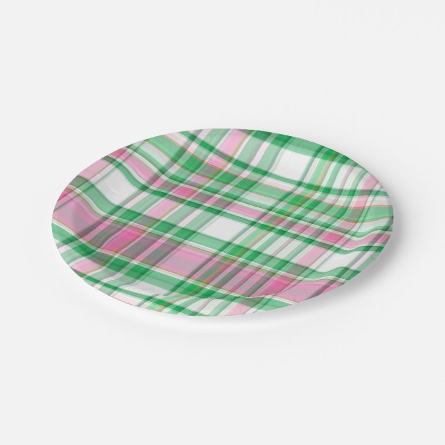 Assiettes En Carton Vert émeraude, Rose Chaud, Madras blanc Preppy Pla (Angle)