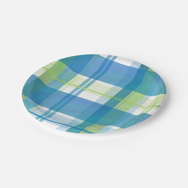 Assiettes En Carton Vert et bleu de plaid de Madras (Angle)