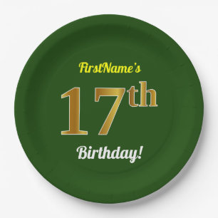 Assiettes En Carton Vert, Faux Gold 17e anniversaire + Nom personnalis