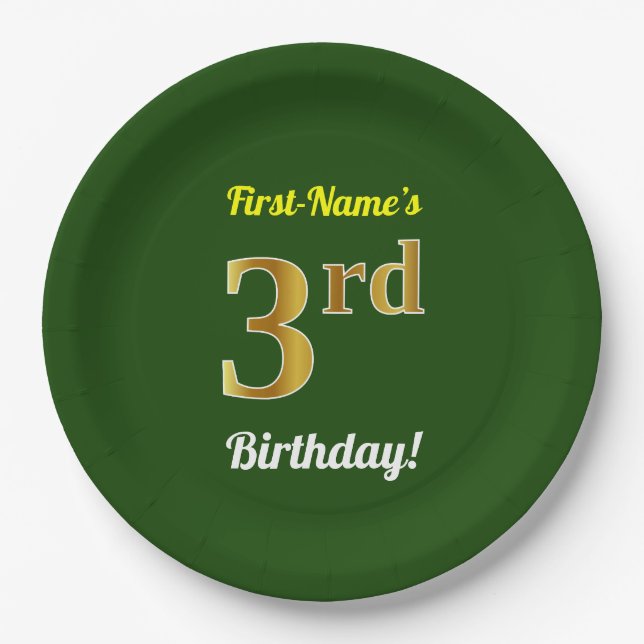 Assiettes En Carton Vert, Faux Gold 3ème anniversaire + Nom personnali (Devant)