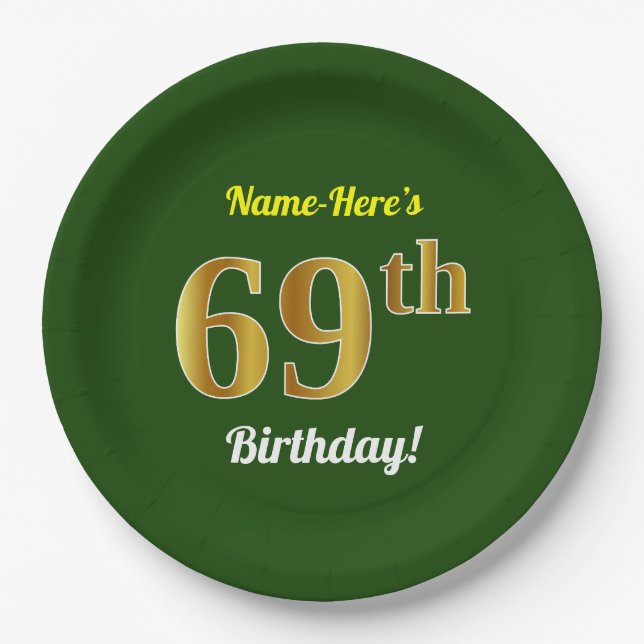 Assiettes En Carton Vert, Faux Gold 69e anniversaire + Nom personnalis (Devant)