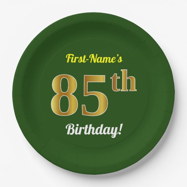 Assiettes En Carton Vert, Faux Gold 85e anniversaire + Nom personnalis (Devant)