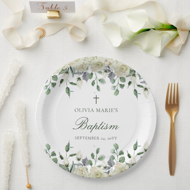 Assiettes En Carton Vert Floral Blanc Simple Baptême Moderne (Mariage)