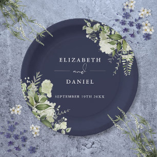 Assiettes En Carton Vert Floral Élégant Mariage bleu marine