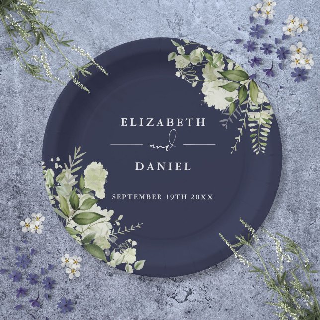 Assiettes En Carton Vert Floral Élégant Mariage bleu marine (Greenery Floral Elegant Navy Blue Wedding Paper Plates)