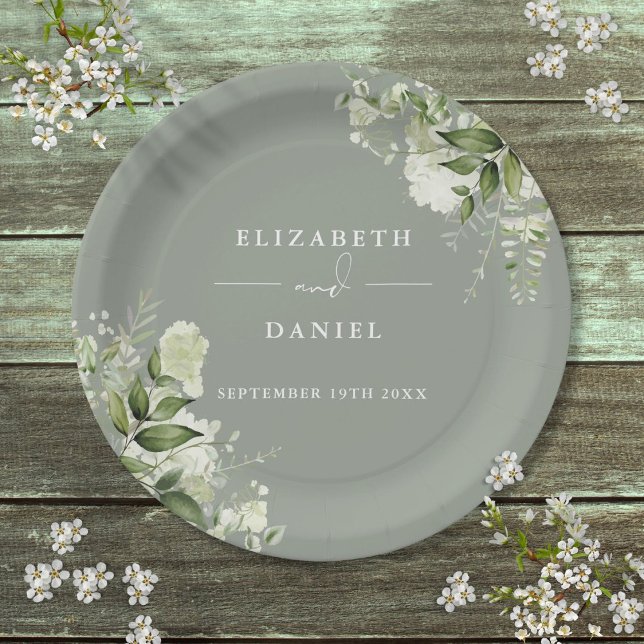 Assiettes En Carton Vert Floral Élégant Sage Vert Mariage (Greenery Floral Elegant Sage Green Wedding Paper Plates)