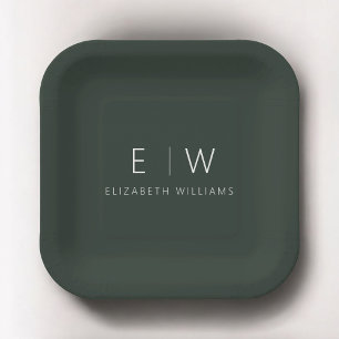 Assiettes En Carton Vert foncé Élégant moderne minimaliste noir blanc