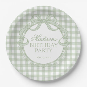 Assiettes En Carton Vert Gingham Coquette Nœud Fête d'Anniversaire