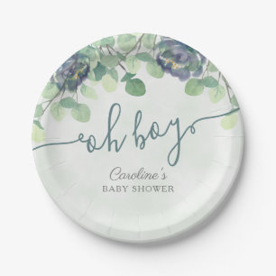 Assiettes En Carton Vert moderne Oh Boy Blue Baby shower Floral