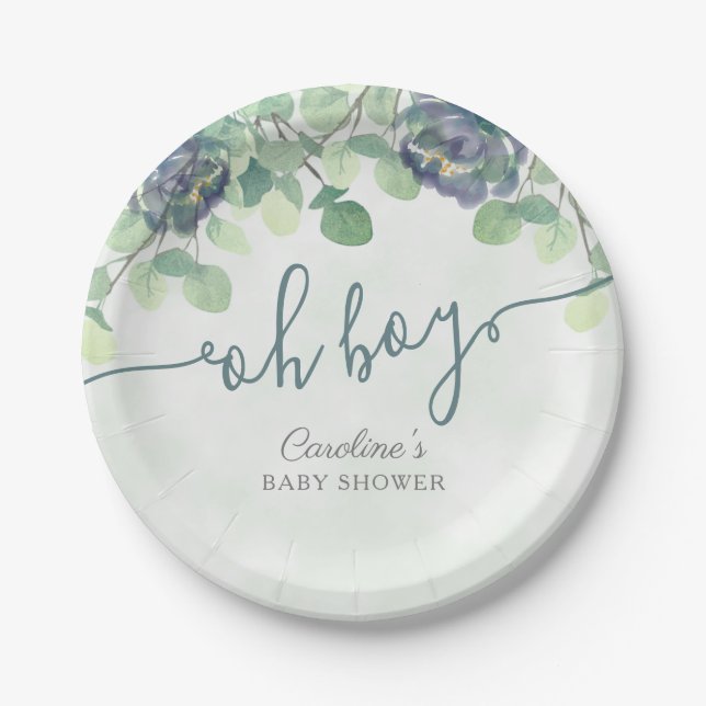 Assiettes En Carton Vert moderne Oh Boy Blue Baby shower Floral (Devant)