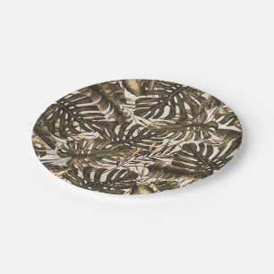 Assiettes En Carton Vert olive et crème Feuilles de palmiers tropicaux