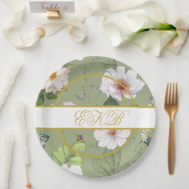 Assiettes En Carton Vert or floral élégant Monogramme moderne (Mariage)