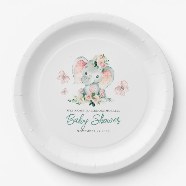 Assiettes En Carton Vert rose mignon Baby shower de cadre d'éléphant F (Devant)