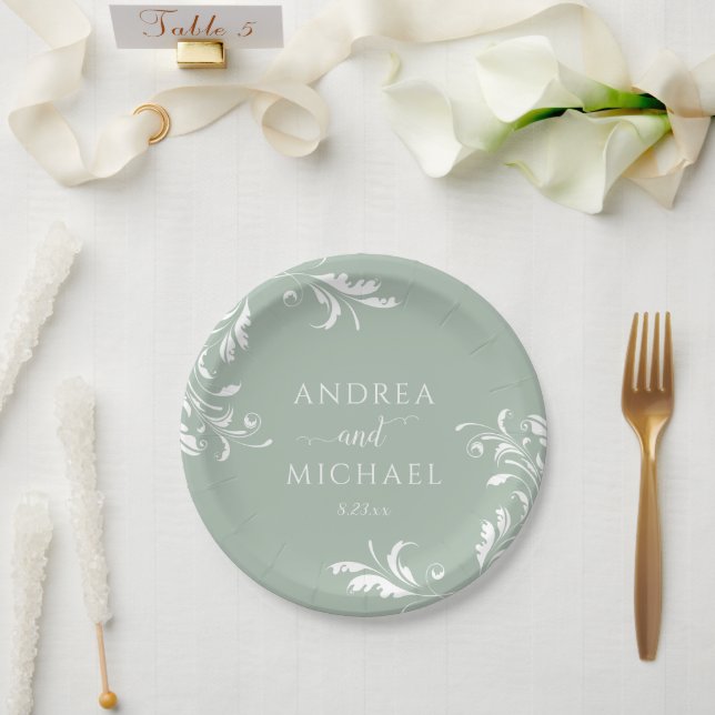 Assiettes En Carton Vert Sage Clair Mariage Élégant Luxe Flourdissant (Mariage)