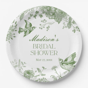 Assiettes En Carton Vert Toile De Jouy Vintage Floral Fête de Mariage