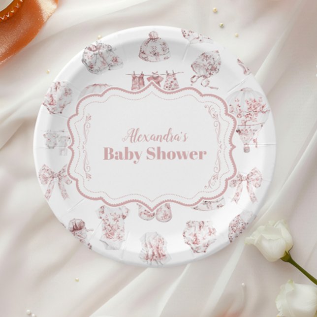 Assiettes En Carton Vêtements Roses Toile De Jouy Baby shower (Créateur téléchargé)