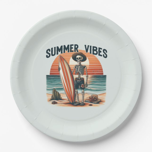 Assiettes En Carton Vibes d'été Skeleton Surfer Sunset Beach Design (Devant)