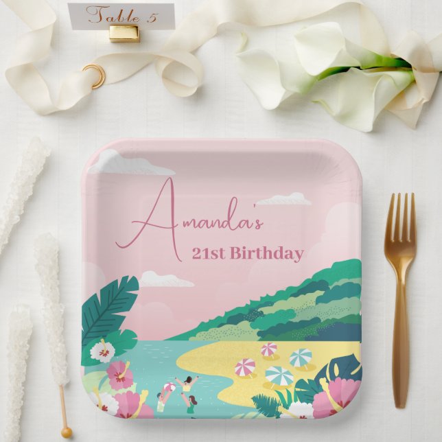 Assiettes En Carton Vibes d'été Tropical Pink 21e anniversaire (Mariage)