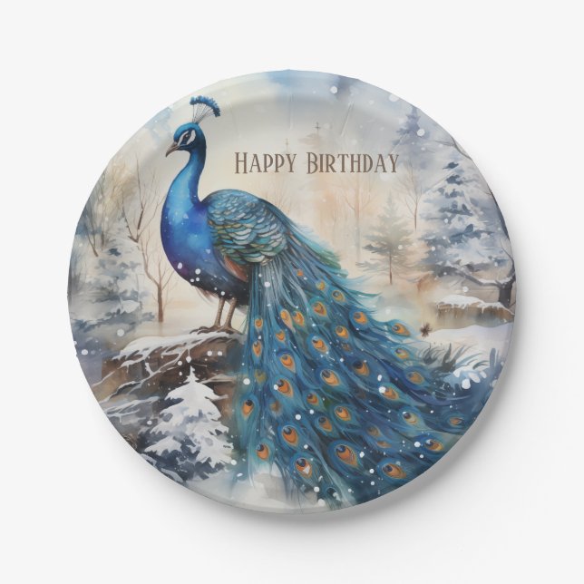 Assiettes En Carton Vibes d'hiver Aquarelle Peacock - Anniversaire (Devant)