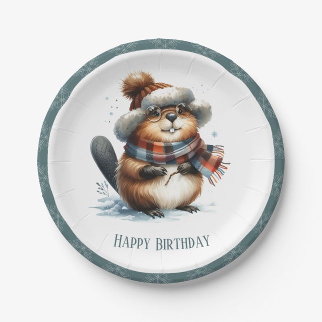 Assiettes En Carton Vibes d'hiver Beaver - Anniversaire (Devant)