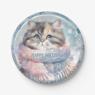 Assiettes En Carton Vibes d'hiver Chat avec Écharpe Anniversaire