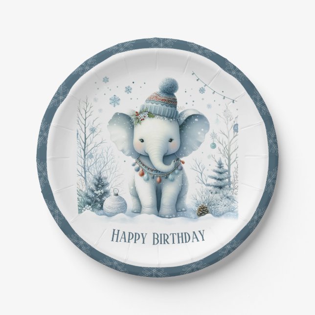 Assiettes En Carton Vibes d'hiver Eléphant - Anniversaire (Devant)