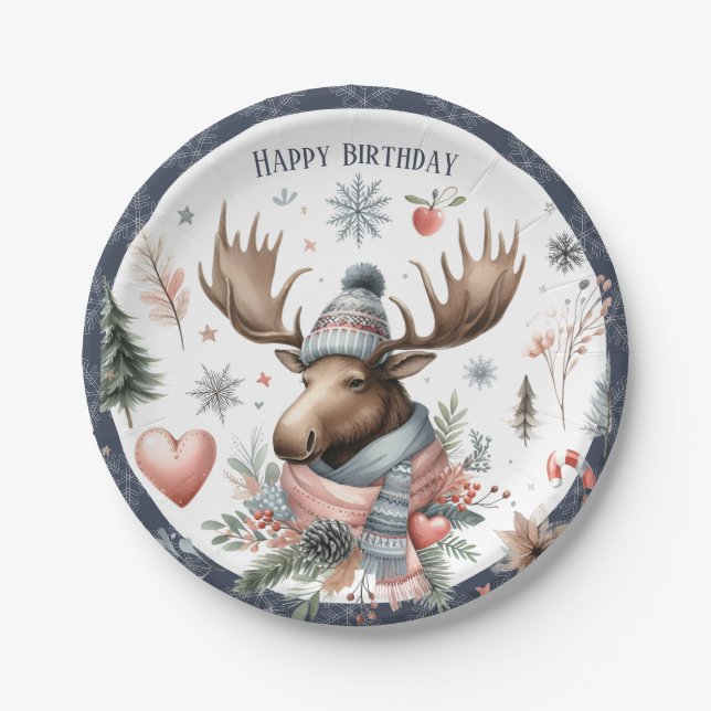 Assiettes En Carton Vibes d'hiver Moose - Anniversaire (Devant)