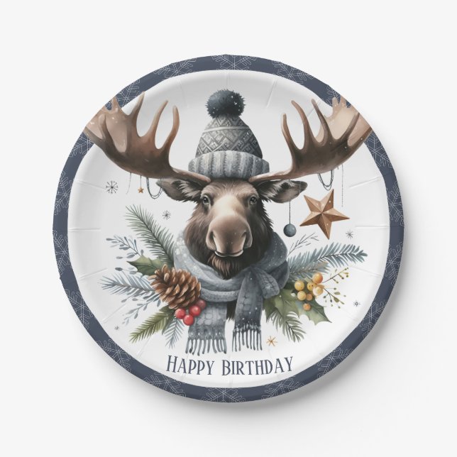 Assiettes En Carton Vibes d'hiver Moose - Anniversaire (Devant)