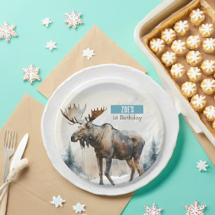 Assiettes En Carton Vibes d'hiver Moose - fête d'anniversaire -