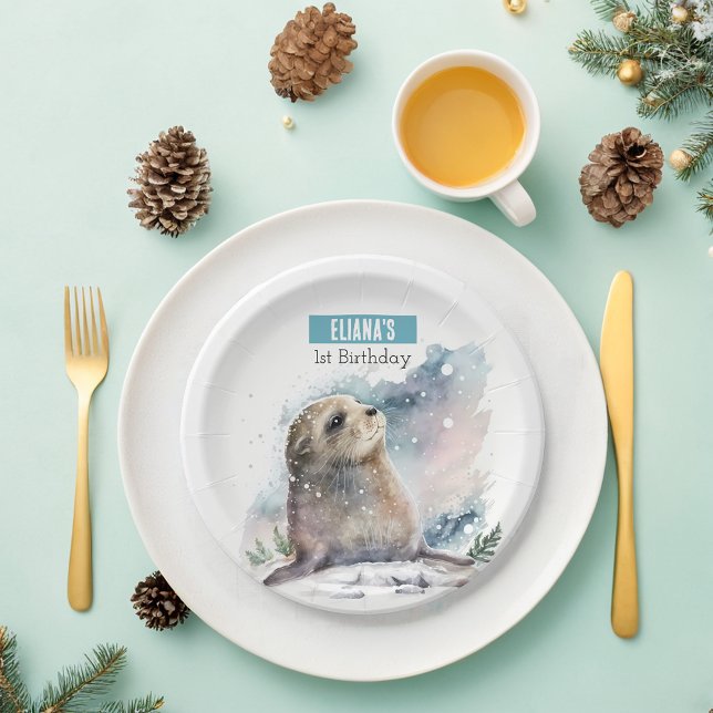 Assiettes En Carton Vibes d'hiver Sceau - fête d'anniversaire - (Créateur téléchargé)