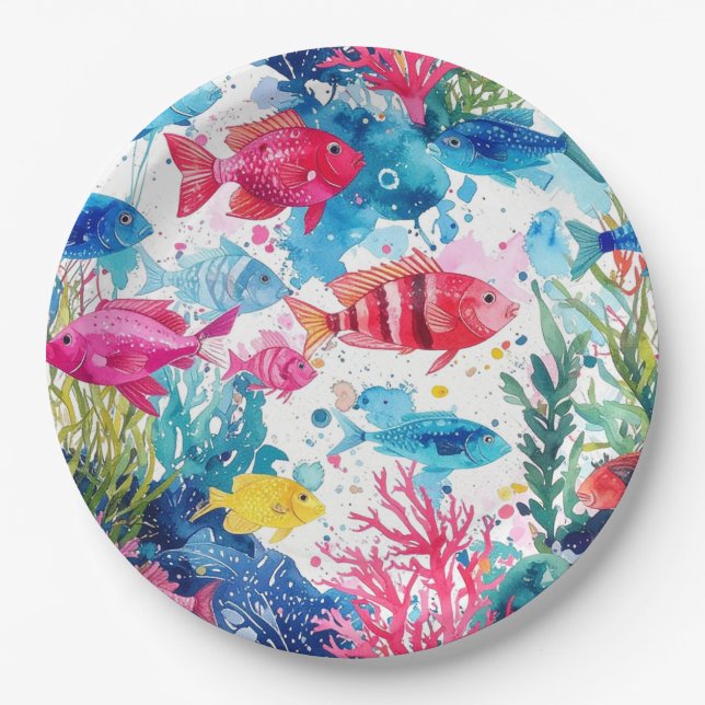 Assiettes En Carton Vibrant poisson tropical Aquarelle Motif de la vie (Devant)