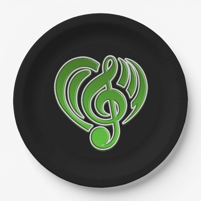 Assiettes En Carton Vibrations Amour Musical Coeur Vert Musique Note D (Devant)