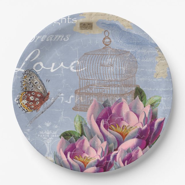 Assiettes En Carton Victorian Love Thoughts Dreams Butterfly Bird Cage (Devant)