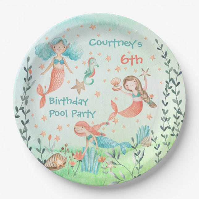 Assiettes En Carton Viens À Ma Fête De La Piscine D'Anniversaire (Devant)