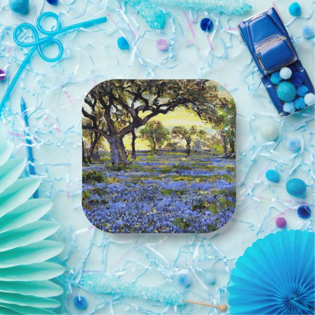 Assiettes En Carton Vieux chêne vivant arbre et cloches bleues (Fête)